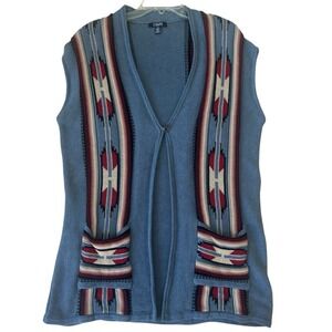 Ralph Lauren Chaps‎ Cardigan Sweater Vest Large Denim Aztec Southwestern Tribal